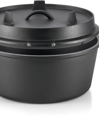 DARTMOOR 9 Quart Pre-Seasoned Cast Iron Dutch Oven with Lid and Lid Lifter Tool Outdoor Deep Camp Pot for Camping Fireplace Cooking BBQ Baking Campfire 9 QT
