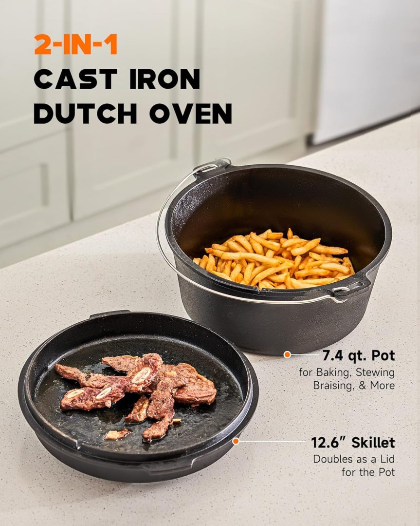 DARTMOOR 9 Quart Pre-Seasoned Cast Iron Dutch Oven with Lid and Lid Lifter Tool Outdoor Deep Camp Pot for Camping Fireplace Cooking BBQ Baking Campfire 9 QT - Image 2