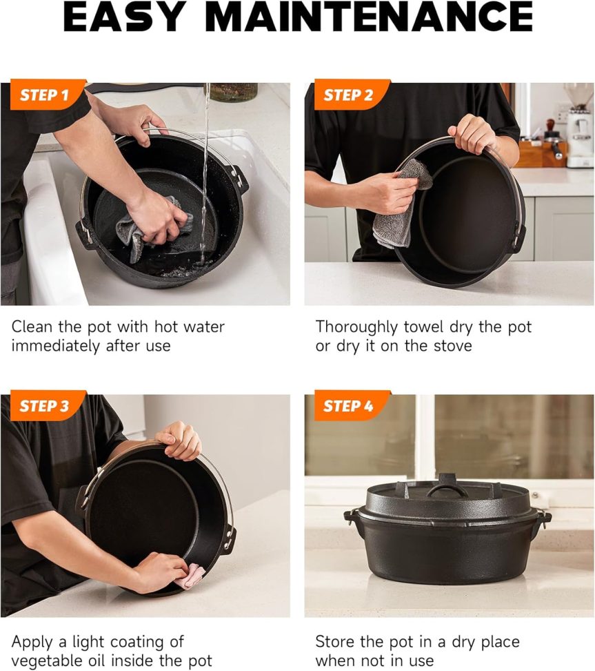 DARTMOOR 9 Quart Pre-Seasoned Cast Iron Dutch Oven with Lid and Lid Lifter Tool Outdoor Deep Camp Pot for Camping Fireplace Cooking BBQ Baking Campfire 9 QT - Image 9
