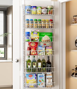 Delamu Adjustable Cabinet Door Organizer, 6-Tier Hanging Spice Rack Organizer, Metal Over the Door Pantry Organizer, Pantry Organizers and Storage Shelves for Kitchen Bathroom Laundry Room, White M