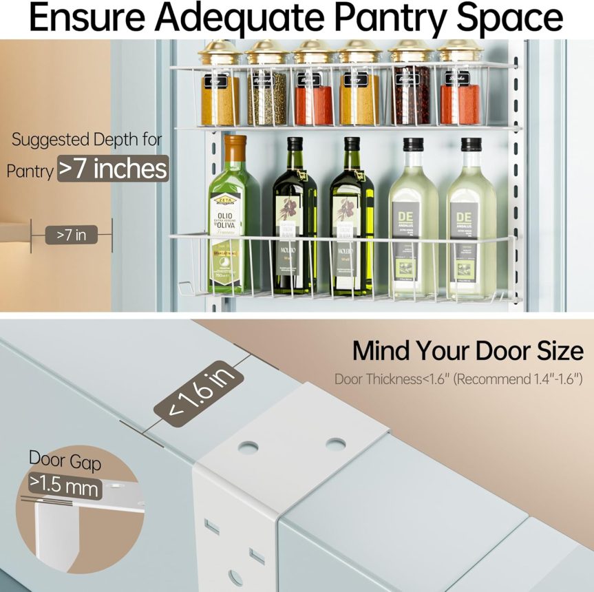 Delamu Adjustable Cabinet Door Organizer, 6-Tier Hanging Spice Rack Organizer, Metal Over the Door Pantry Organizer, Pantry Organizers and Storage Shelves for Kitchen Bathroom Laundry Room, White M - Image 3