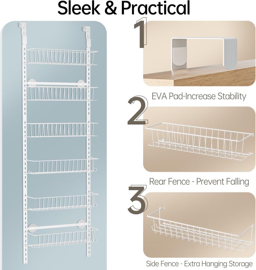 Delamu Adjustable Cabinet Door Organizer, 6-Tier Hanging Spice Rack Organizer, Metal Over the Door Pantry Organizer, Pantry Organizers and Storage Shelves for Kitchen Bathroom Laundry Room, White M - Image 7
