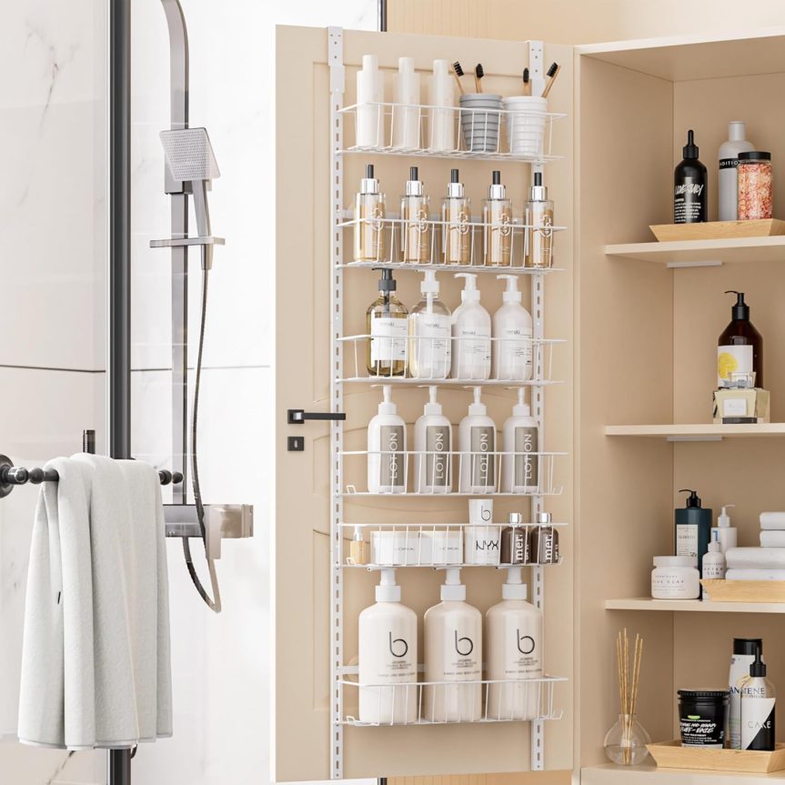 Delamu Adjustable Cabinet Door Organizer, 6-Tier Hanging Spice Rack Organizer, Metal Over the Door Pantry Organizer, Pantry Organizers and Storage Shelves for Kitchen Bathroom Laundry Room, White M - Image 8