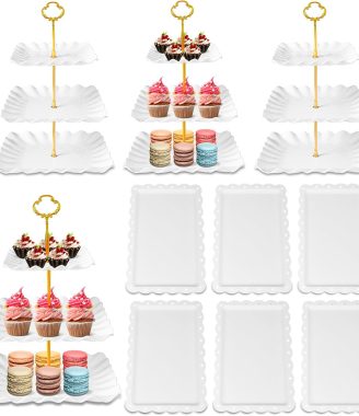 DIDROOM 10 Pack Dessert Table Display Set - 4 x Three-Tier Square Cupcake Stands and 6 x Serving Trays, Elegant Tableware for Cakes, Cupcakes, Pastries, and Snacks, Perfect for Parties (White)