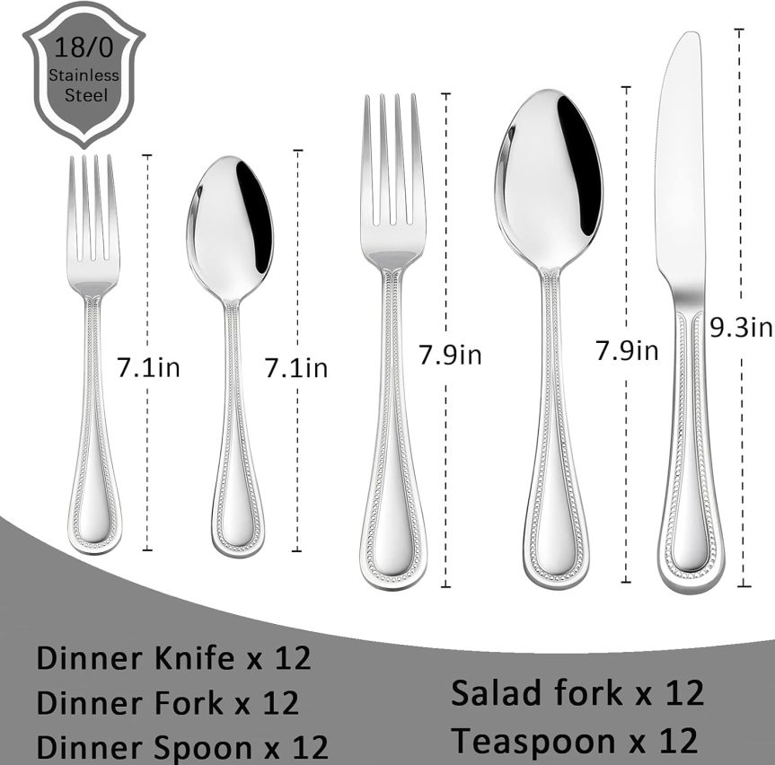 HaWare Silverware Set, 60-Piece Pearled Edge Stainless Steel Flatware for 12, Beading Tableware Cutlery Utensil for Home, Mirror Polished, Dishwasher Safe - Image 2