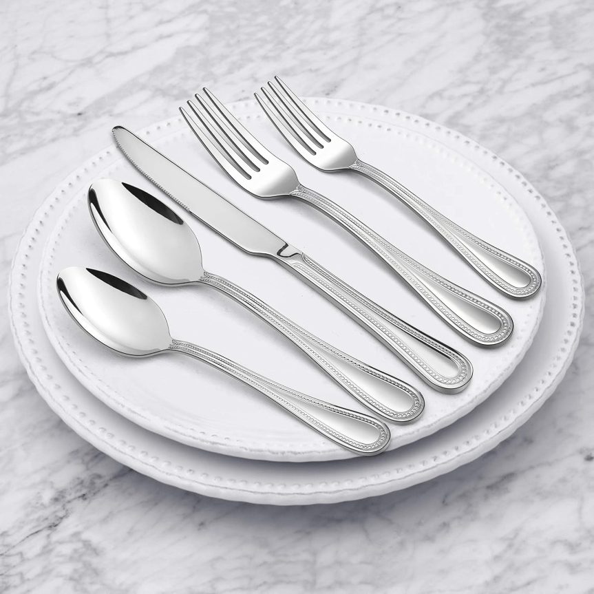 HaWare Silverware Set, 60-Piece Pearled Edge Stainless Steel Flatware for 12, Beading Tableware Cutlery Utensil for Home, Mirror Polished, Dishwasher Safe - Image 3