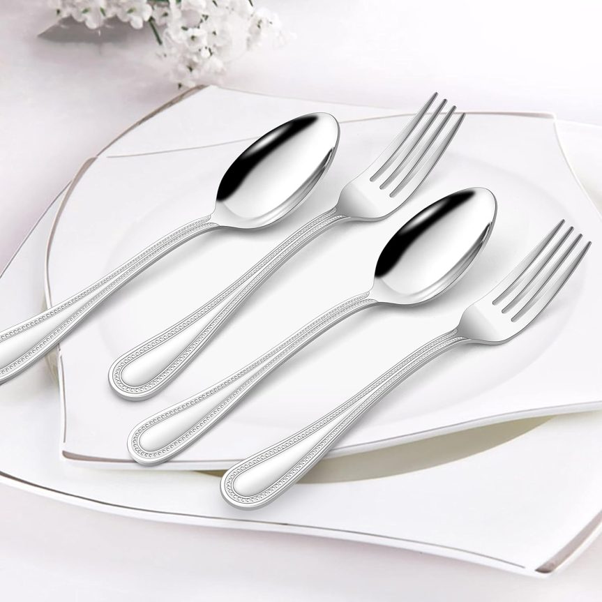 HaWare Silverware Set, 60-Piece Pearled Edge Stainless Steel Flatware for 12, Beading Tableware Cutlery Utensil for Home, Mirror Polished, Dishwasher Safe - Image 4